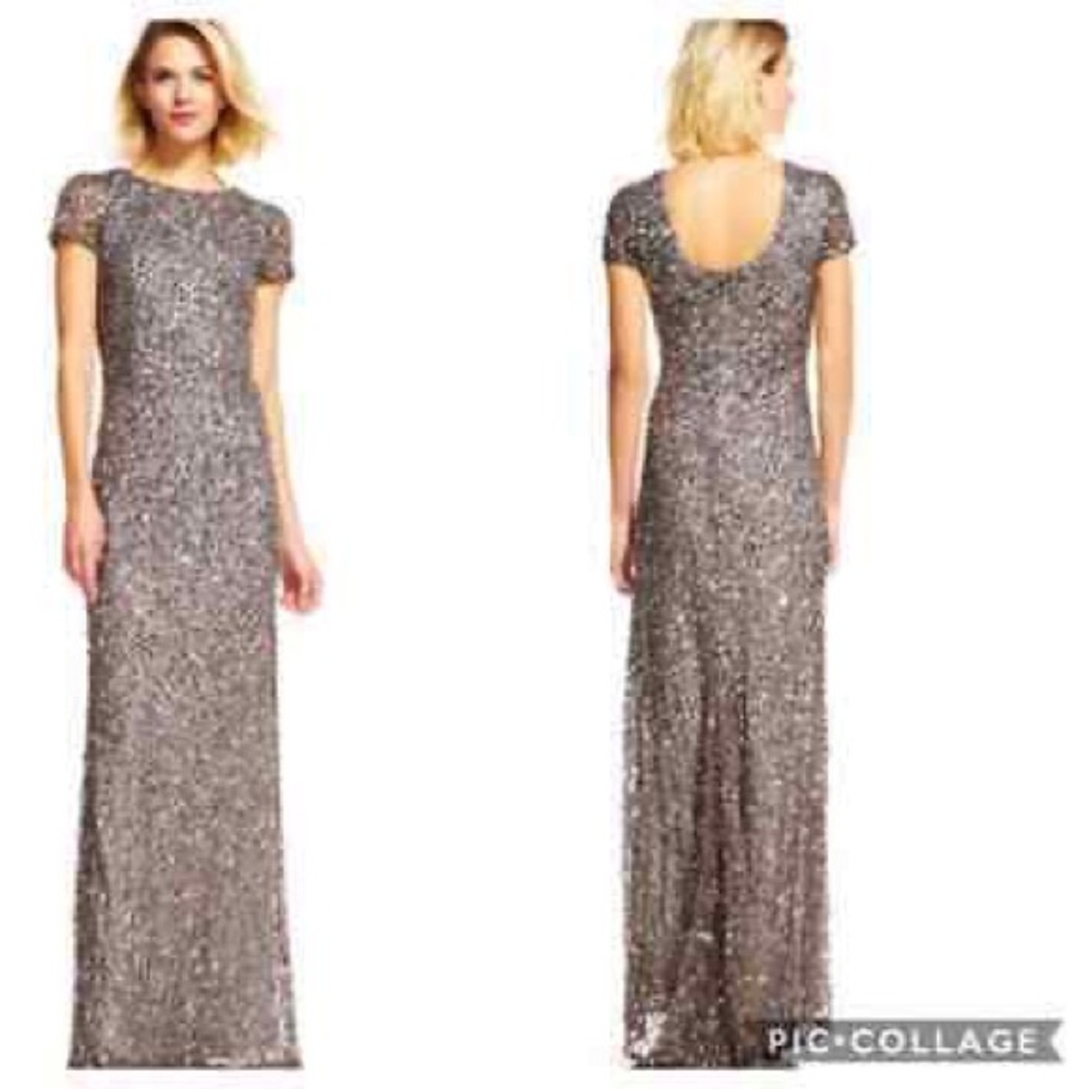 Adrianna Papell Women's , Scoop Back Sequin Gown Cap Sleeve Metallic Gray🦋🌺👗